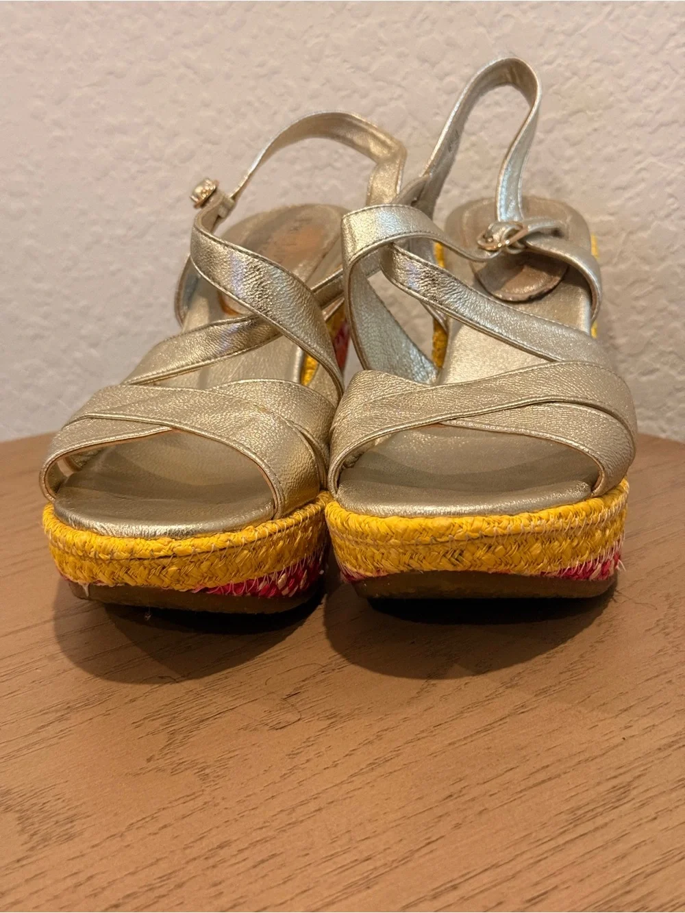 Eric Javits Metallic Gold Strappy Wedge Sandals with Colorful Espadrille Heel